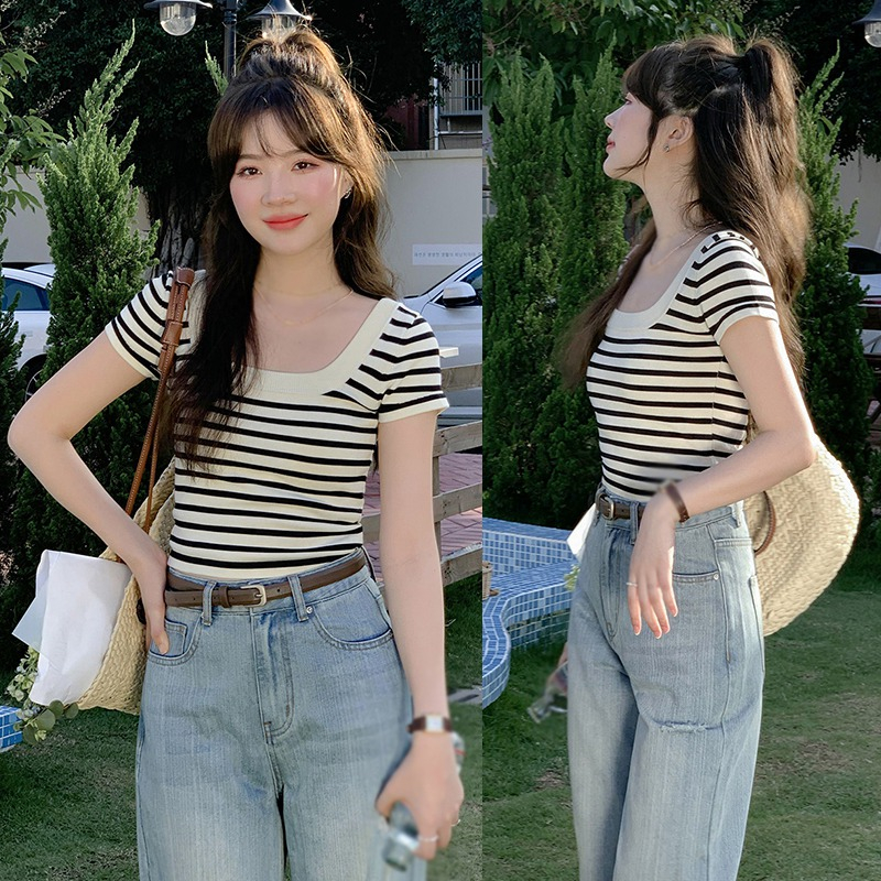 Áo Thun Croptop Dệt Kim Cổ Tròn Họa Tiết Kẻ Sọc Đơn Giản Thời Trang Cho Nữ