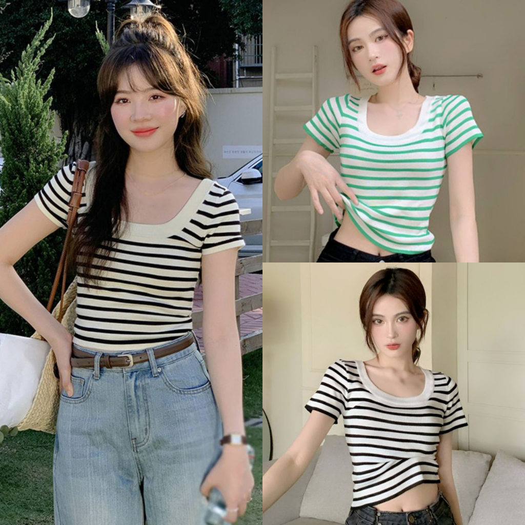 Áo Thun Croptop Dệt Kim Cổ Tròn Họa Tiết Kẻ Sọc Đơn Giản Thời Trang Cho Nữ