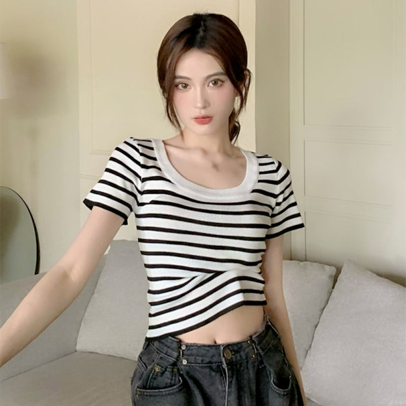 Áo Thun Croptop Dệt Kim Cổ Tròn Họa Tiết Kẻ Sọc Đơn Giản Thời Trang Cho Nữ