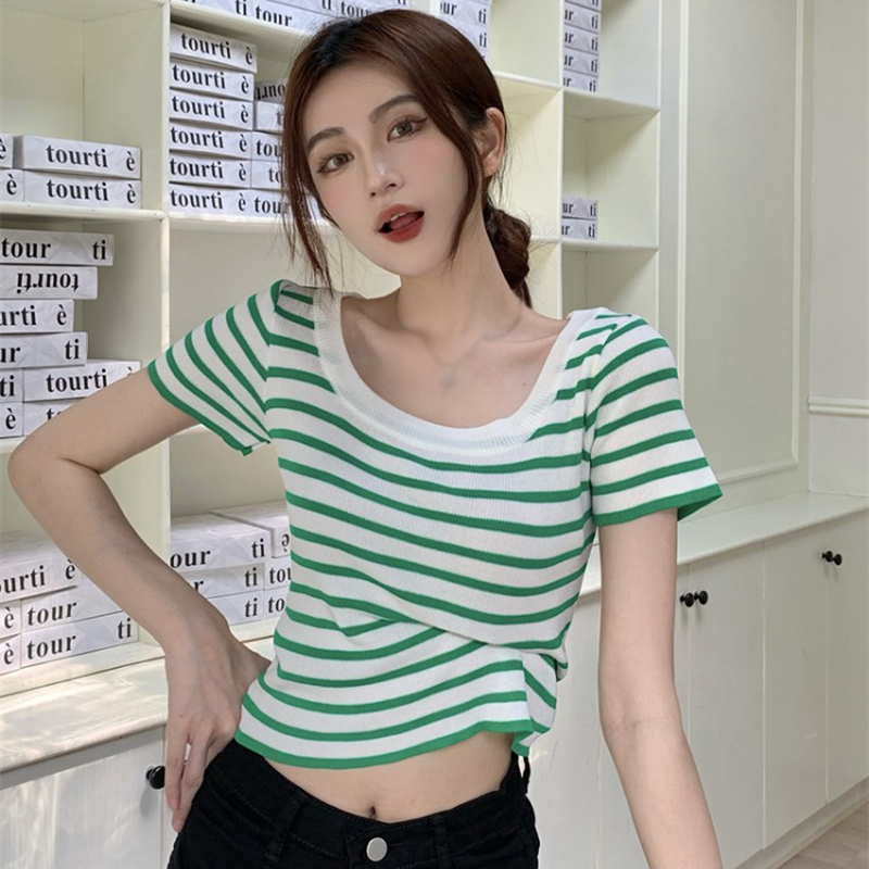 Áo Thun Croptop Dệt Kim Cổ Tròn Họa Tiết Kẻ Sọc Đơn Giản Thời Trang Cho Nữ