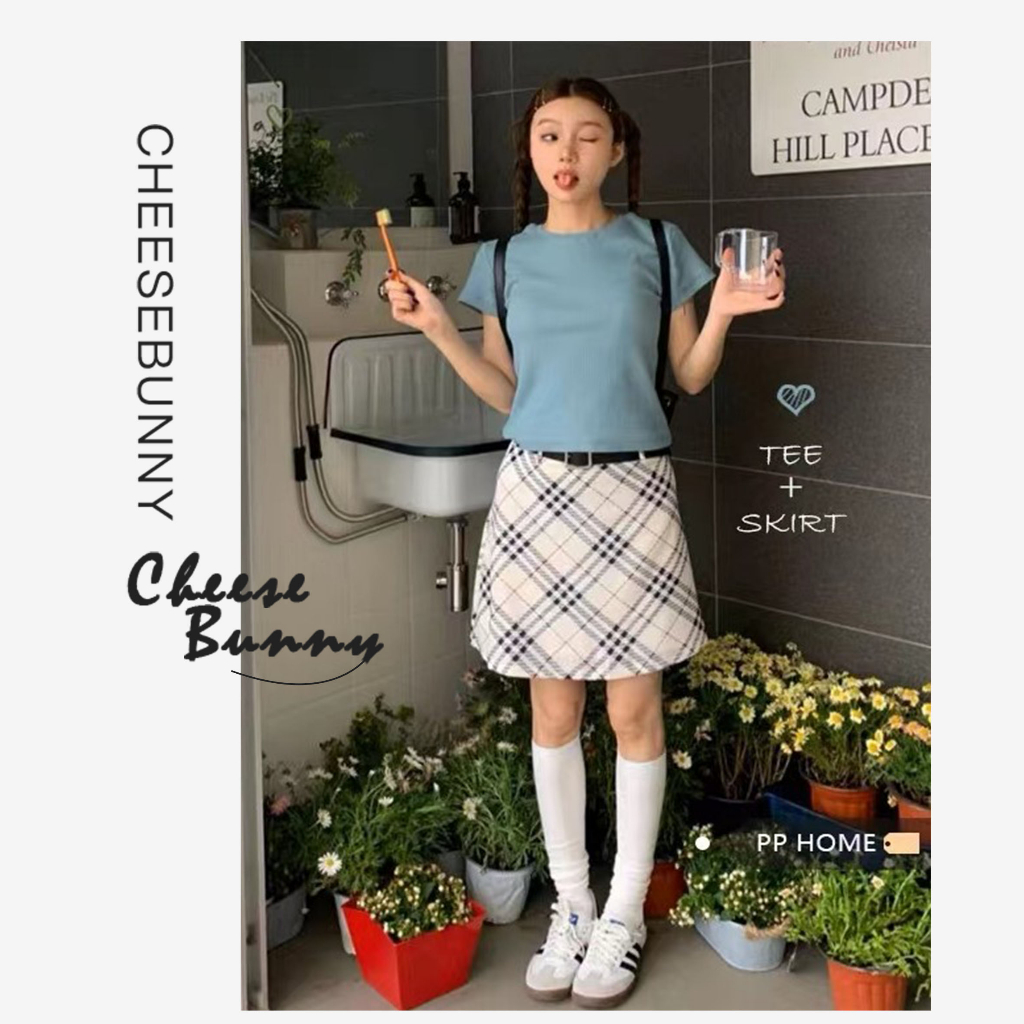 CheeseBunny chân váy chữ a chân váy kẻ caro, trơn form ngắn chữ A phong cách y2k