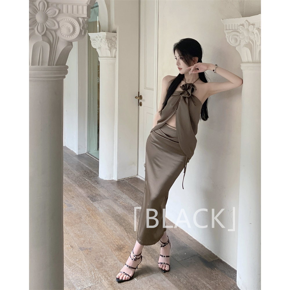 Black vn Set Áo Hai Dây Họa Tiết Hoa Và Chân Váy Maxi Lưng Cao Quyến Rũ Dành Cho Nữ