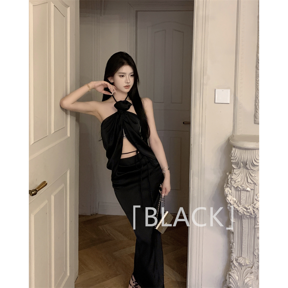 Black vn Set Áo Hai Dây Họa Tiết Hoa Và Chân Váy Maxi Lưng Cao Quyến Rũ Dành Cho Nữ