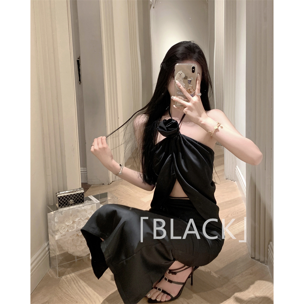 Black vn Set Áo Hai Dây Họa Tiết Hoa Và Chân Váy Maxi Lưng Cao Quyến Rũ Dành Cho Nữ