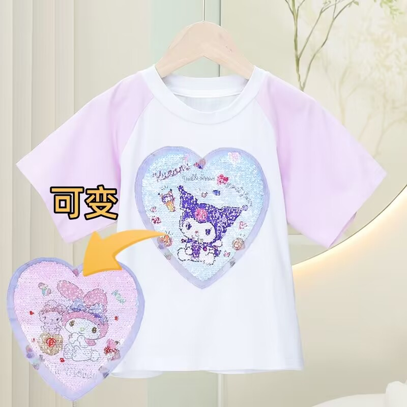 SANRIO Áo Thun Cotton Tay Phồng Đính Kim Sa Hình Kuromi Cinnamoroll Dễ Thương Thời Trang Mùa Hè Cho Bé Gái 100-150cm