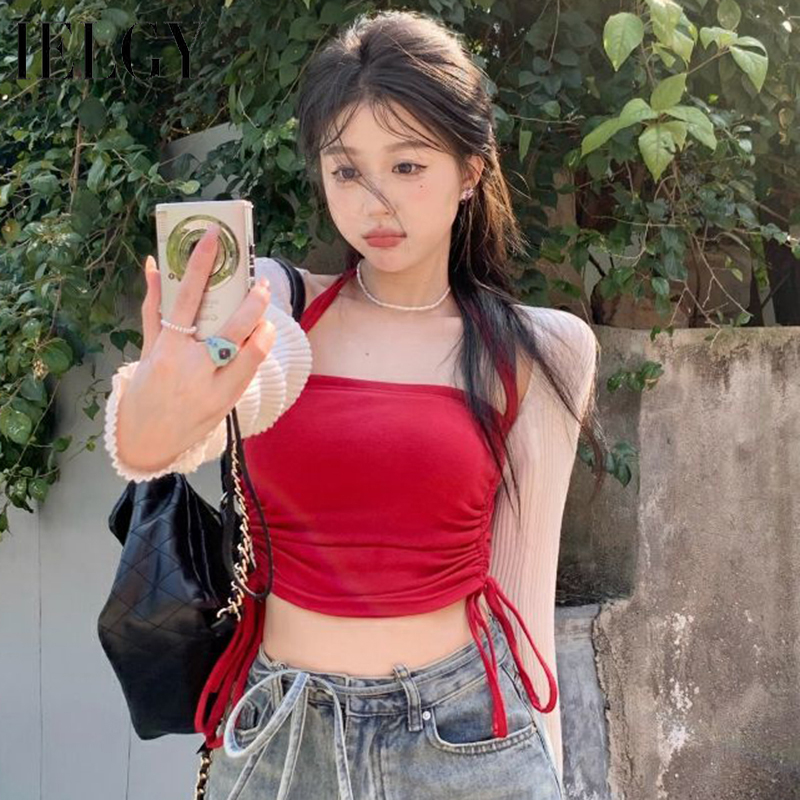IELGY Áo Hai Dây Cổ Yếm Rút Dây Màu Đỏ Quyến Rũ Thời Trang Cho Nữ
