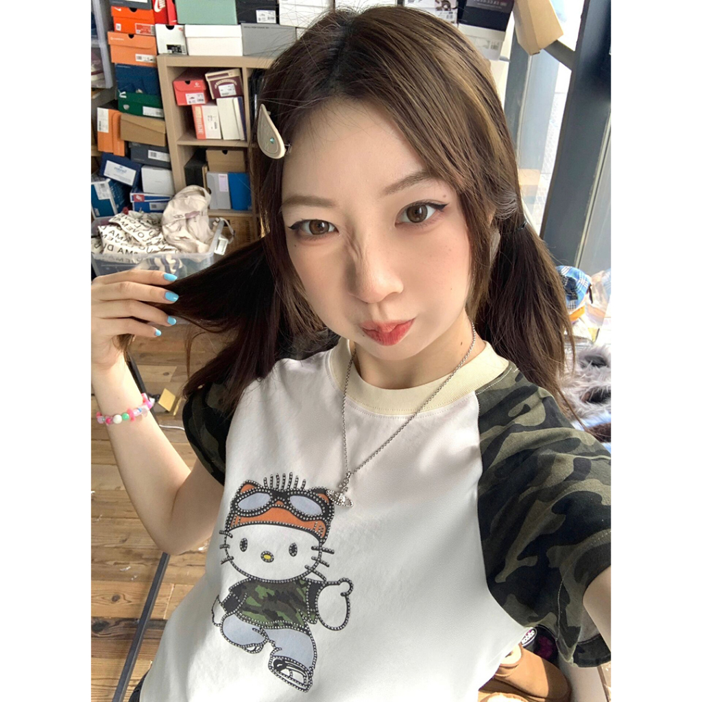 hello kitty Áo Thun Baby Tee Tay Ngắn In Hình Mèo Hoạt Hình Phong Cách Hàn Quốc Dành Cho Nữ