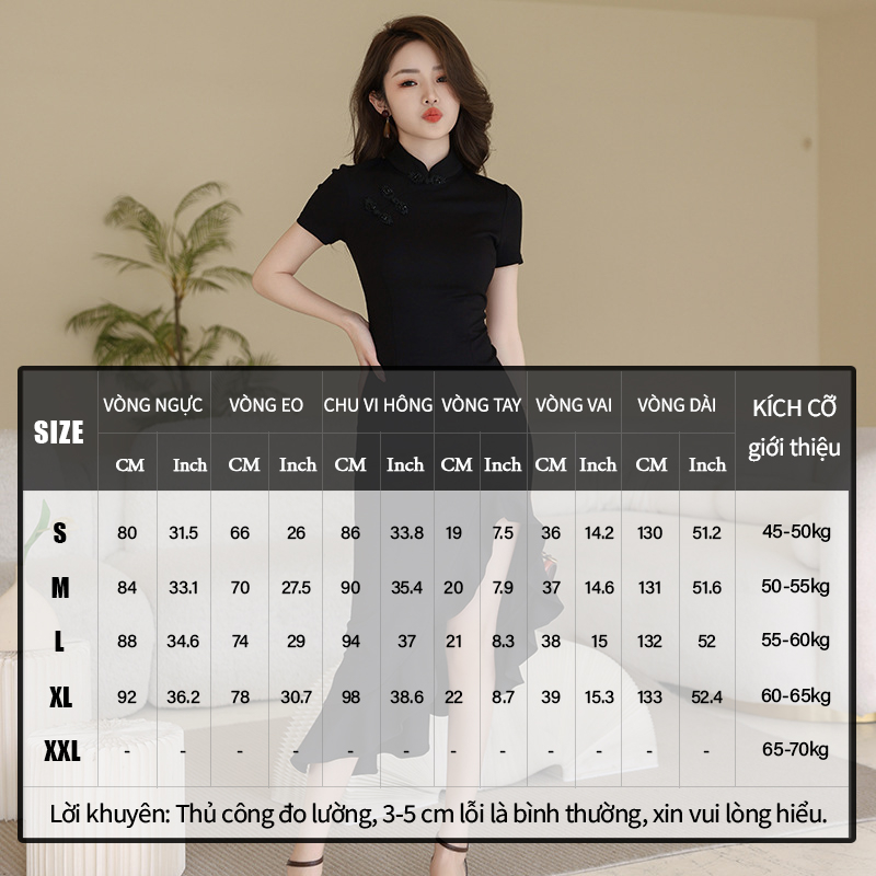 ZYHT  Đầm Sườn Xám Cách Tân Kiểu Đuôi Cá Màu Đen Phong Cách Trung Hoa Thời Trang Mùa Hè Cho Nữ 30157