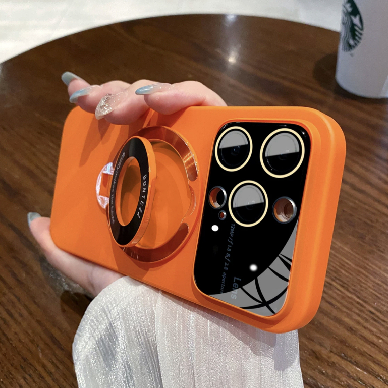Ốp Điện Thoại PC Cứng Có Giá Đỡ + Cửa Sổ Lớn Màu Cam Cho compatible for iPhone 12 pro 13 14 pro max