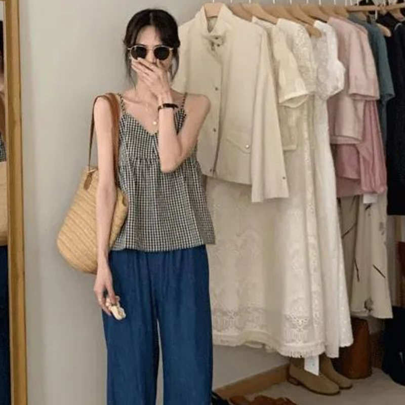 IELGY Áo Hai Dây Sọc Ca Rô Phong Cách Pháp Cổ Điển Thời Trang Cho Nữ