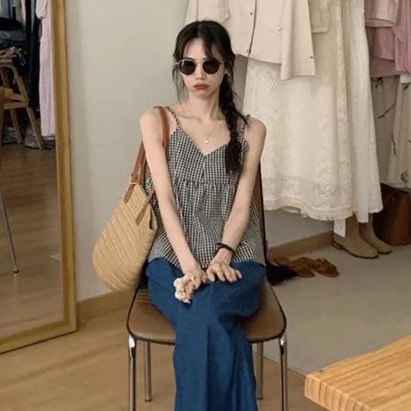 IELGY Áo Hai Dây Sọc Ca Rô Phong Cách Pháp Cổ Điển Thời Trang Cho Nữ