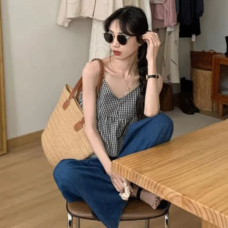 IELGY Áo Hai Dây Sọc Ca Rô Phong Cách Pháp Cổ Điển Thời Trang Cho Nữ