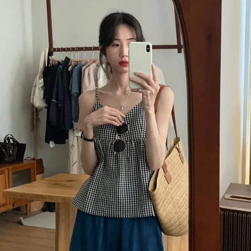 IELGY Áo Hai Dây Sọc Ca Rô Phong Cách Pháp Cổ Điển Thời Trang Cho Nữ