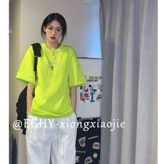 Áo Thun cotton Tay Ngắn Dáng Rộng Màu Xanh Lá Dạ Quang Thời Trang Mùa Hè Phong Cách Hàn Quốc Cho Nữ