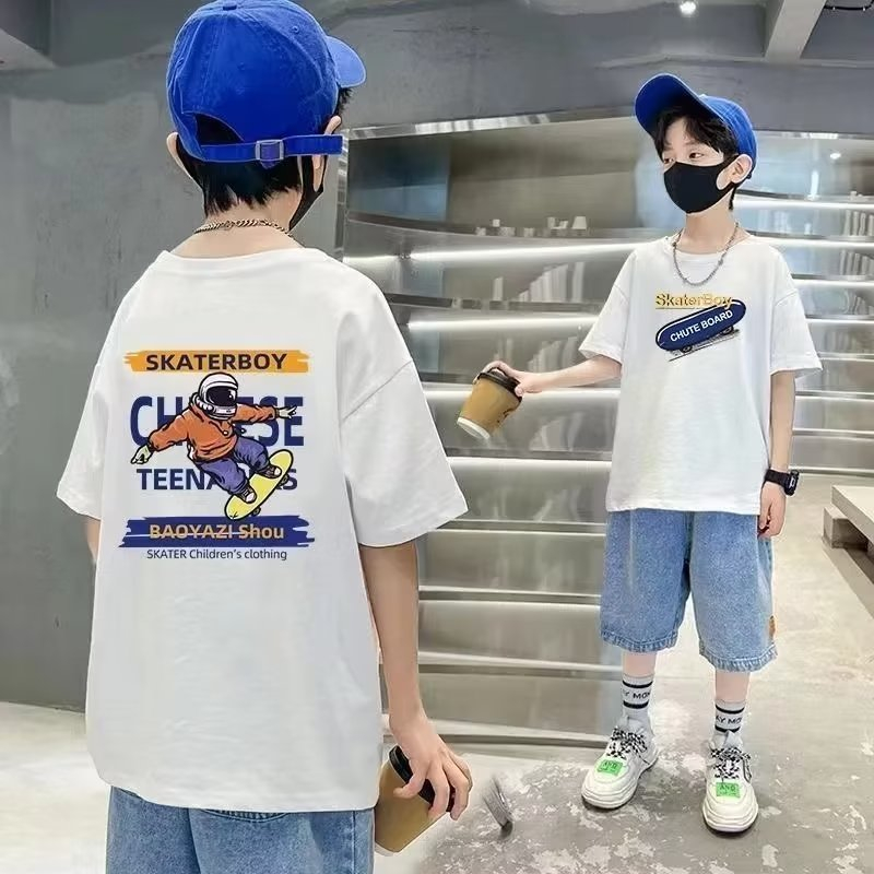 Áo Thun Tay Ngắn Dáng Rộng Chất Liệu Cotton Thoáng Khí Họa Tiết Hoạt Hình Thời Trang Mùa Hè Cho Bé Trai 100-160cm