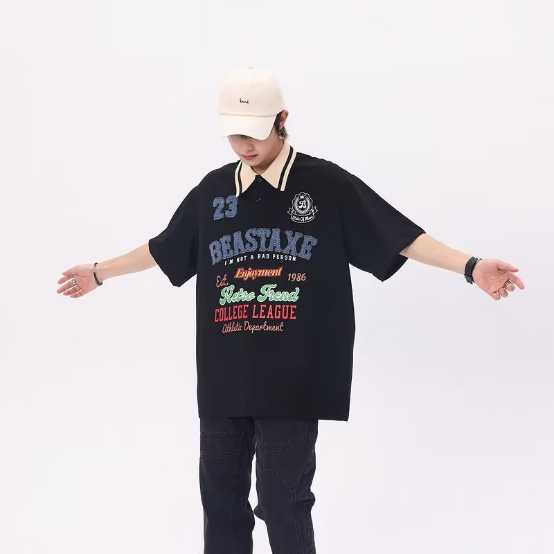 Áo Thun Ngắn Tay Form Rộng Thêu Chữ Phong Cách Retro Mỹ Cho Nam Nữ