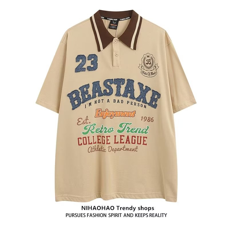 Áo Thun Ngắn Tay Form Rộng Thêu Chữ Phong Cách Retro Mỹ Cho Nam Nữ