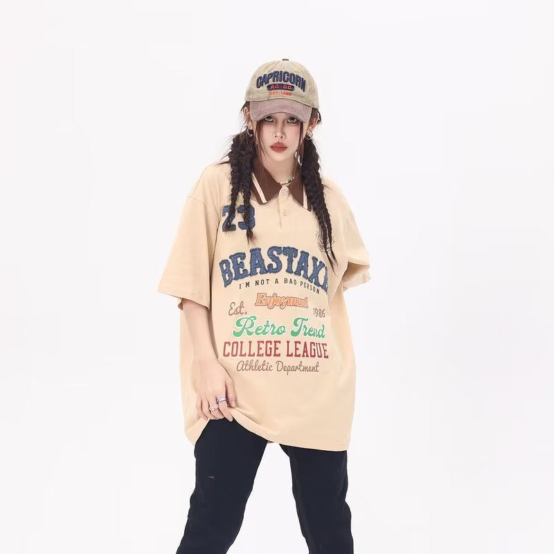 Áo Thun Ngắn Tay Form Rộng Thêu Chữ Phong Cách Retro Mỹ Cho Nam Nữ