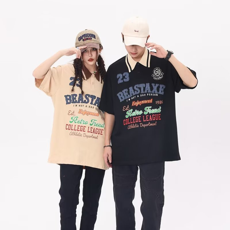 Áo Thun Ngắn Tay Form Rộng Thêu Chữ Phong Cách Retro Mỹ Cho Nam Nữ