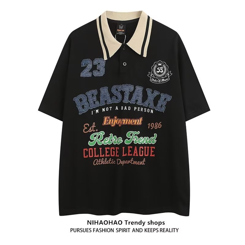 Áo Thun Ngắn Tay Form Rộng Thêu Chữ Phong Cách Retro Mỹ Cho Nam Nữ