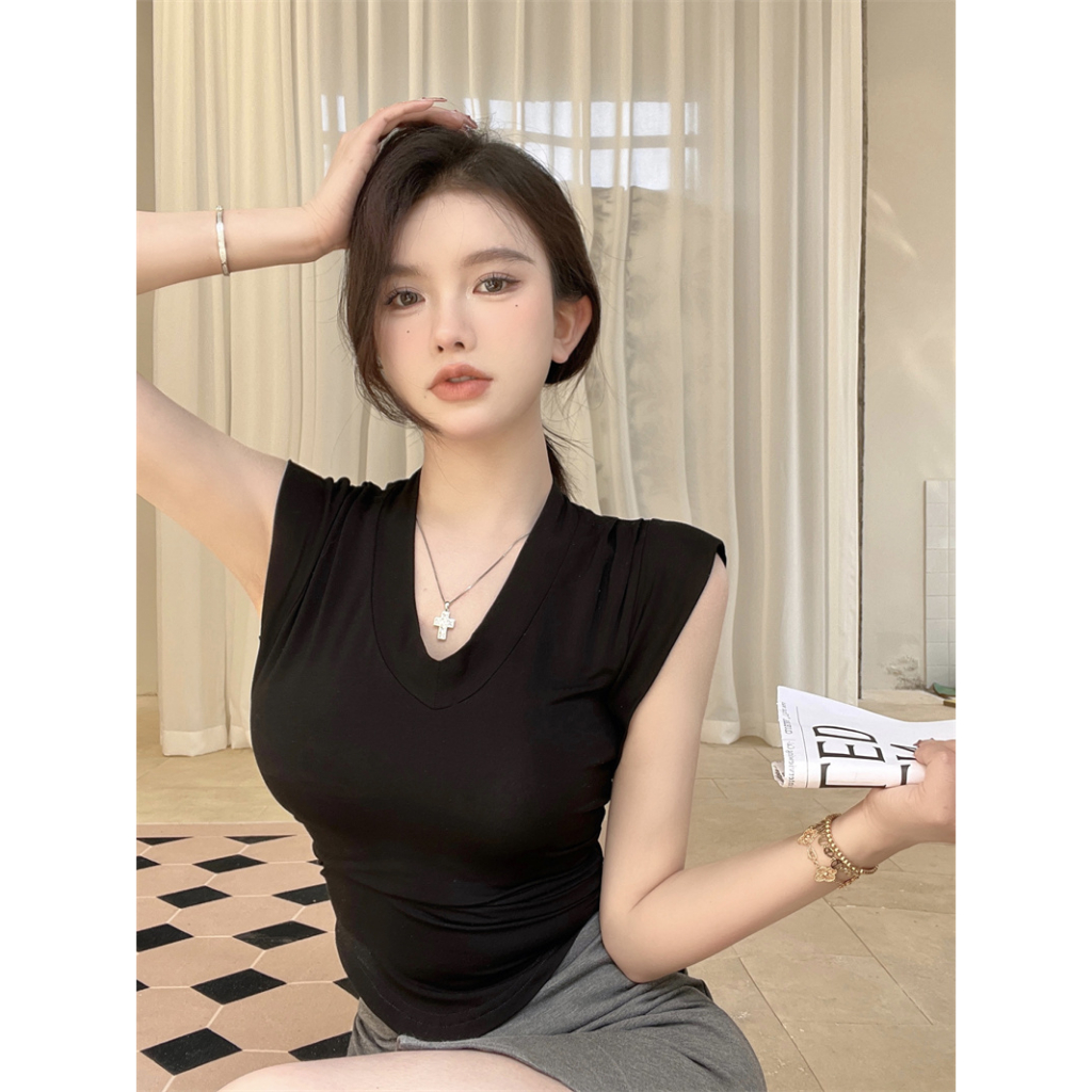 Áo Thun Tay Ngắn Cổ Chữ V Màu Trơn Phong Cách Hàn Quốc Gợi Cảm Cho Nữ