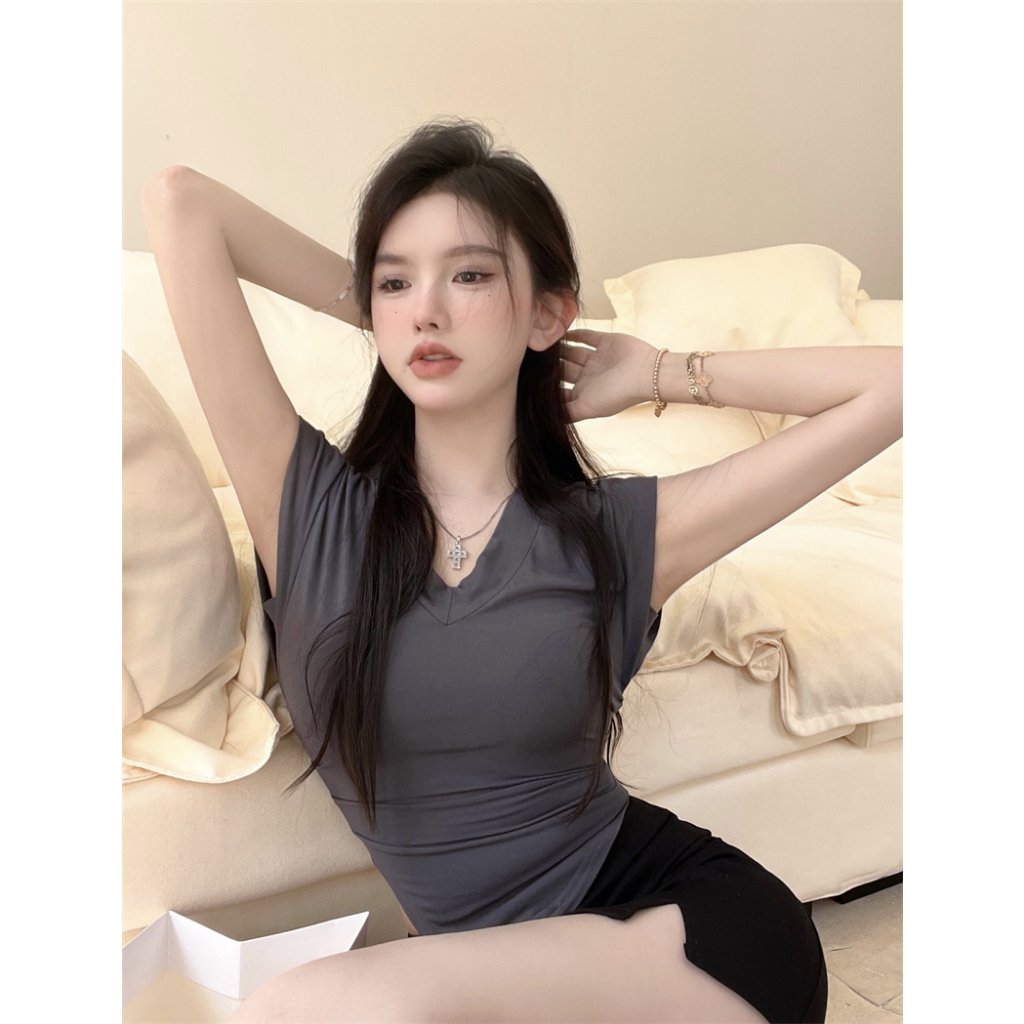 Áo Thun Tay Ngắn Cổ Chữ V Màu Trơn Phong Cách Hàn Quốc Gợi Cảm Cho Nữ