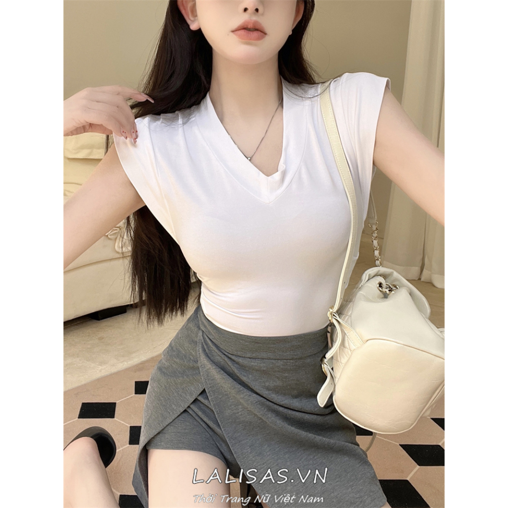 Áo Thun Tay Ngắn Cổ Chữ V Màu Trơn Phong Cách Hàn Quốc Gợi Cảm Cho Nữ