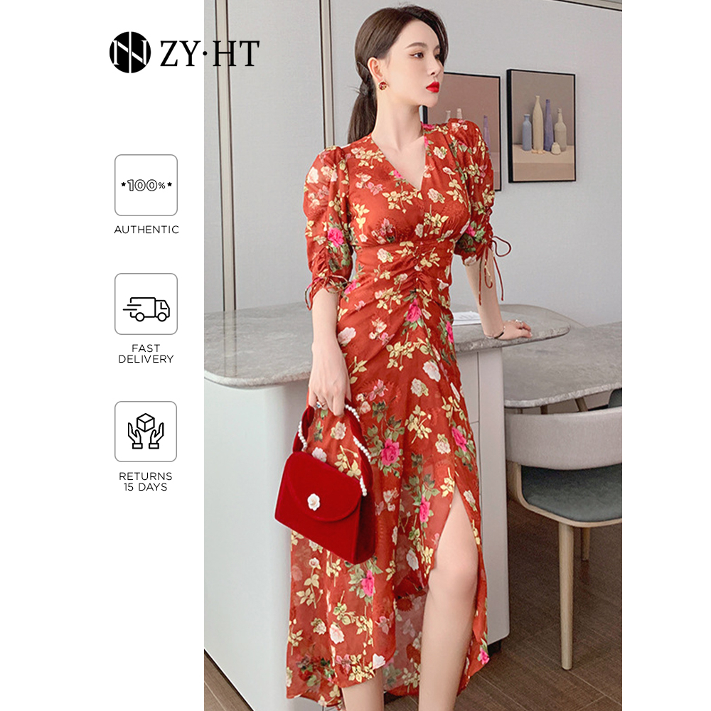 ZY·HT 🌷 Đầm Dây Rút Eo Hẹp In Họa Tiết Màu Đỏ Phong Cách Cổ Điển Thời Trang Mùa Hè Hàng Mới Dành Cho Bạn Nữ 4988