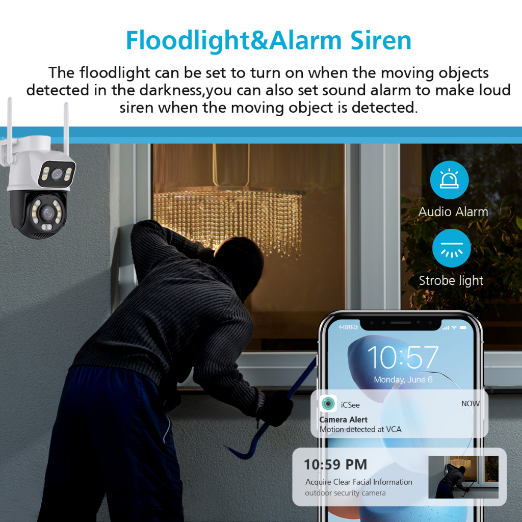 Camera wifi LLSEE Icsee 2 mắt 4K 8MP 360 độ tầm nhìn ban đêm phát hiện cảnh báo ánh sáng AI gọi hai chiều chống nước