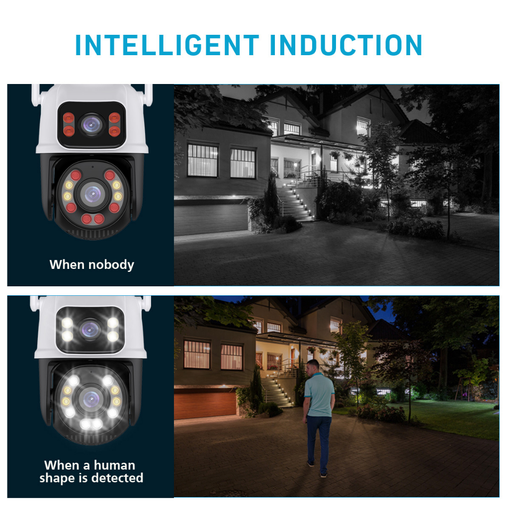 Camera wifi LLSEE Icsee 2 mắt 4K 8MP 360 độ tầm nhìn ban đêm phát hiện cảnh báo ánh sáng AI gọi hai chiều chống nước
