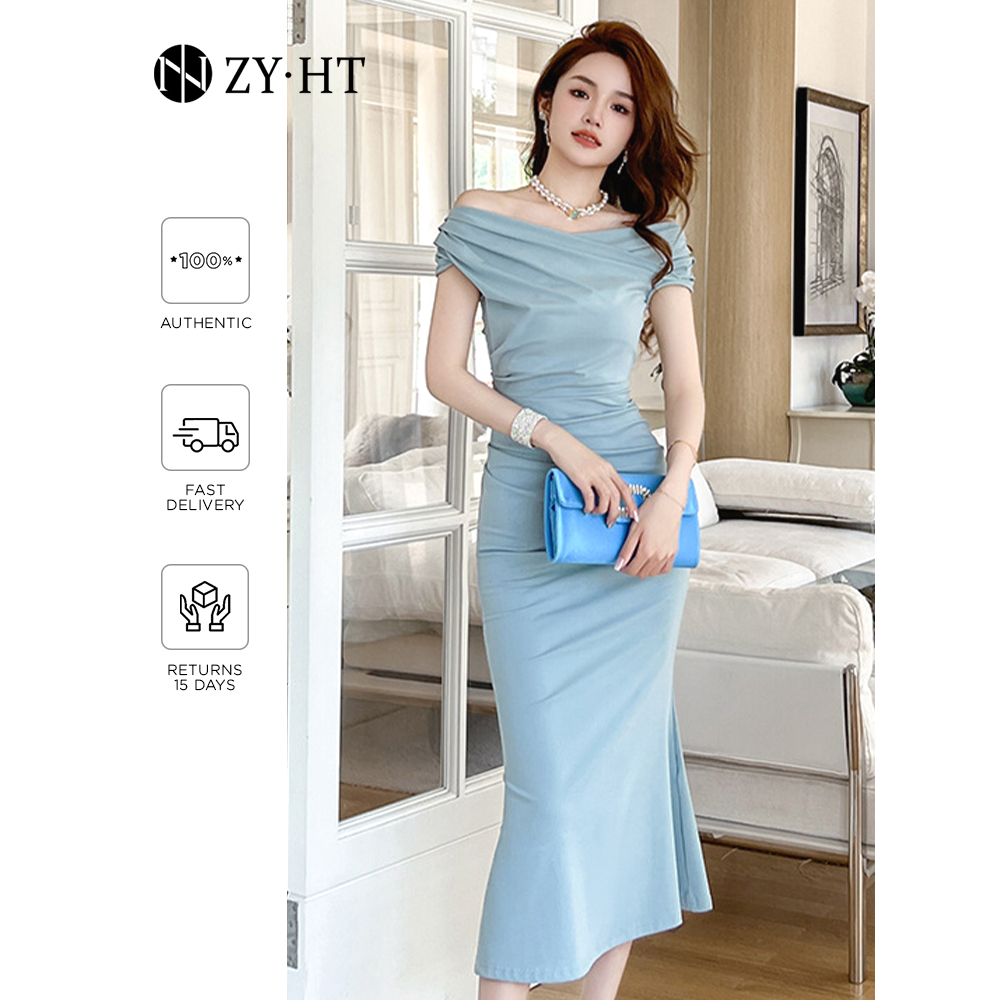 ZYHT Đầm Body Nhẹ nhàng Khí chất Một từ cổ áo Mảnh mai đầm đuôi cá váy ngang hông chân váy dạ 30161