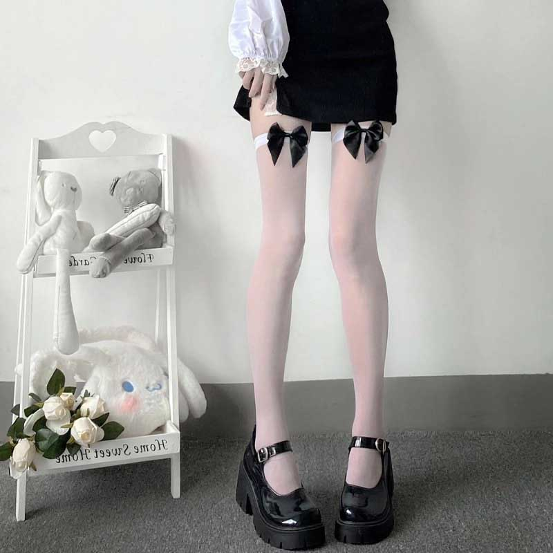 FHYL Mới Vớ Dài Qua Gối Bằng Lụa Mỏng Màu Đen Đính Nơ Phong Cách Lolita Nhật Bản Đơn Giản Đa Năng Cho Nữ