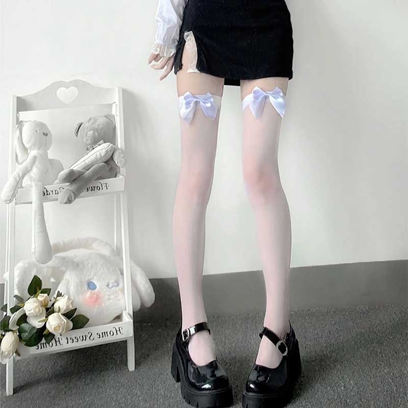 FHYL Mới Vớ Dài Qua Gối Bằng Lụa Mỏng Màu Đen Đính Nơ Phong Cách Lolita Nhật Bản Đơn Giản Đa Năng Cho Nữ