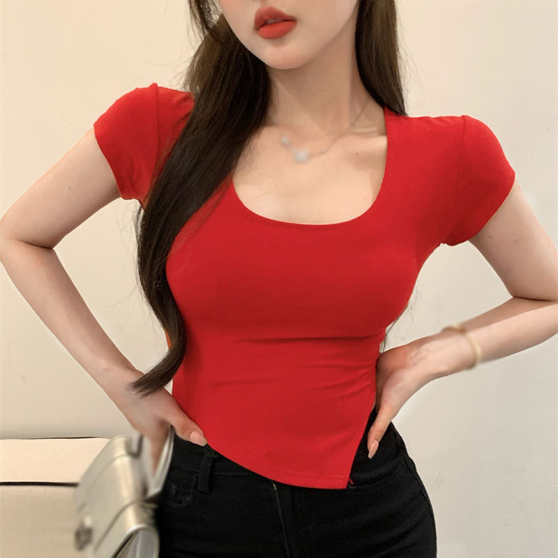 Áo Thun Tay Ngắn Cổ Vuông Màu Sắc Đơn Giản Cho Nữ