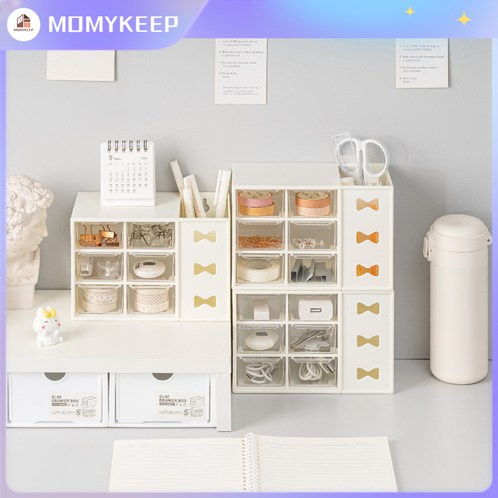 Kệ kiểu ngăn kéo thắt nơ lưới 6 ô vuông đựng bút lưới chống bụi ký túc xá sinh viên để bàn lưu trữ hộp hoàn thiện【MOMYKEEP】