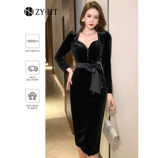 Đầm body ZYHT 4421 nhung đen dài ôm sát gợi cảm trang trí nơ lớn thời trang Hàn Quốc S-XXL