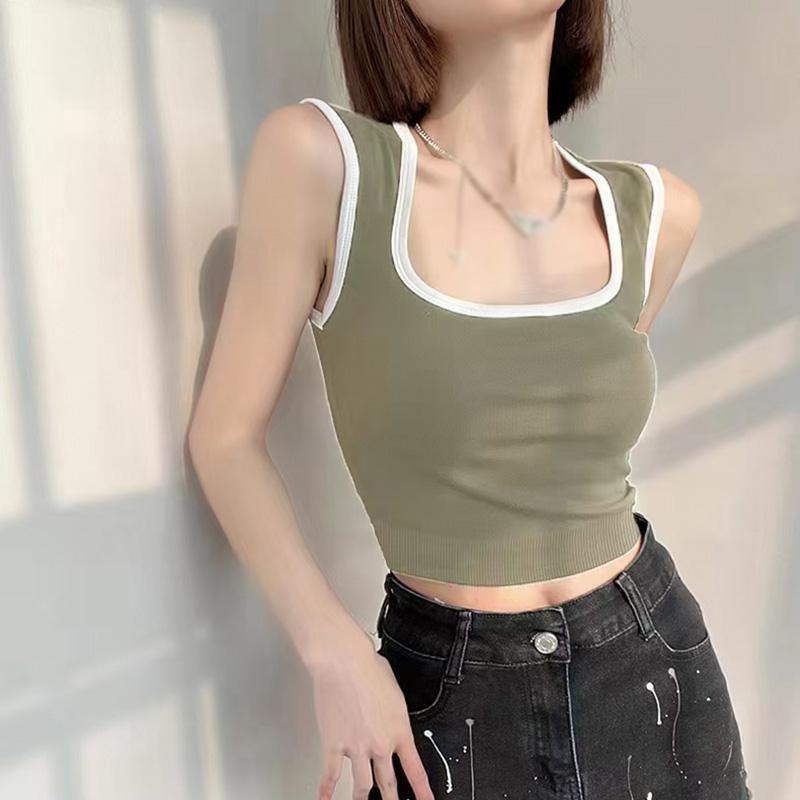 Áo Croptop Thể Thao Hai Dây Cổ Vuông Có Đệm Ngực Màu Sắc Tương Phản Phong Cách Mỹ Cho Nữ