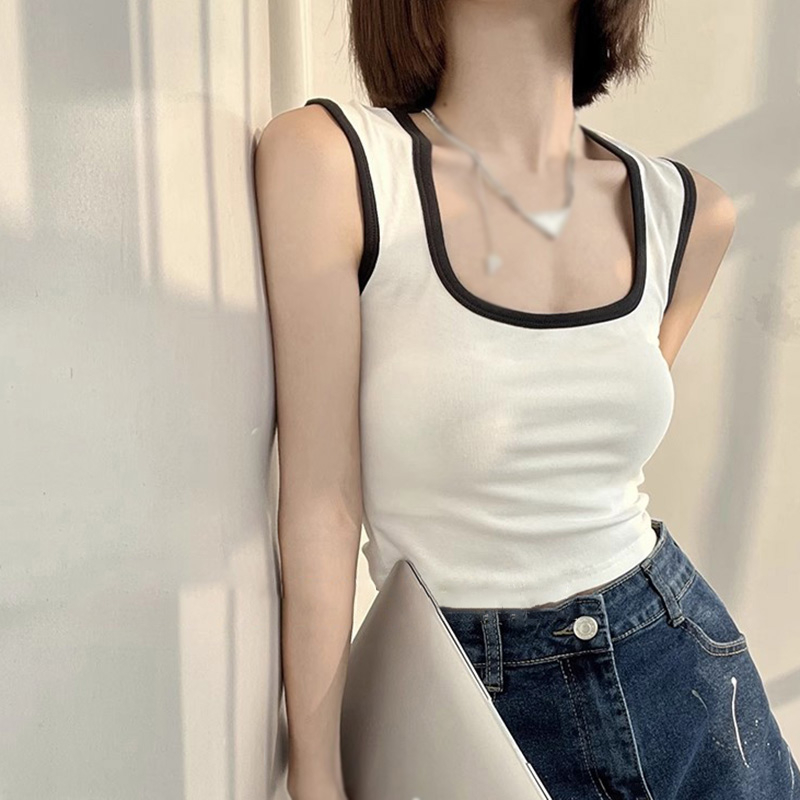 Áo Croptop Thể Thao Hai Dây Cổ Vuông Có Đệm Ngực Màu Sắc Tương Phản Phong Cách Mỹ Cho Nữ