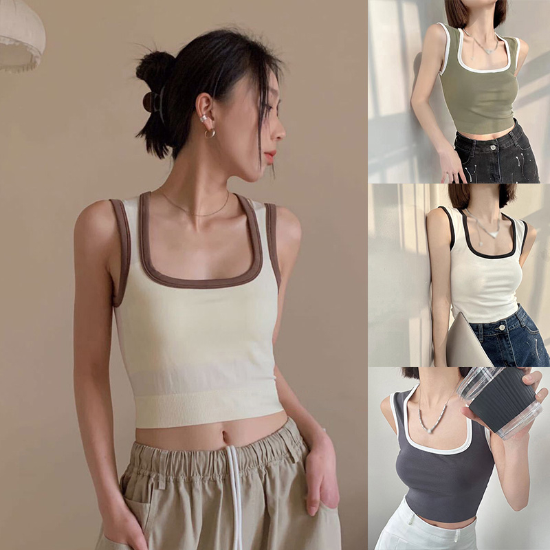 Áo Croptop Thể Thao Hai Dây Cổ Vuông Có Đệm Ngực Màu Sắc Tương Phản Phong Cách Mỹ Cho Nữ