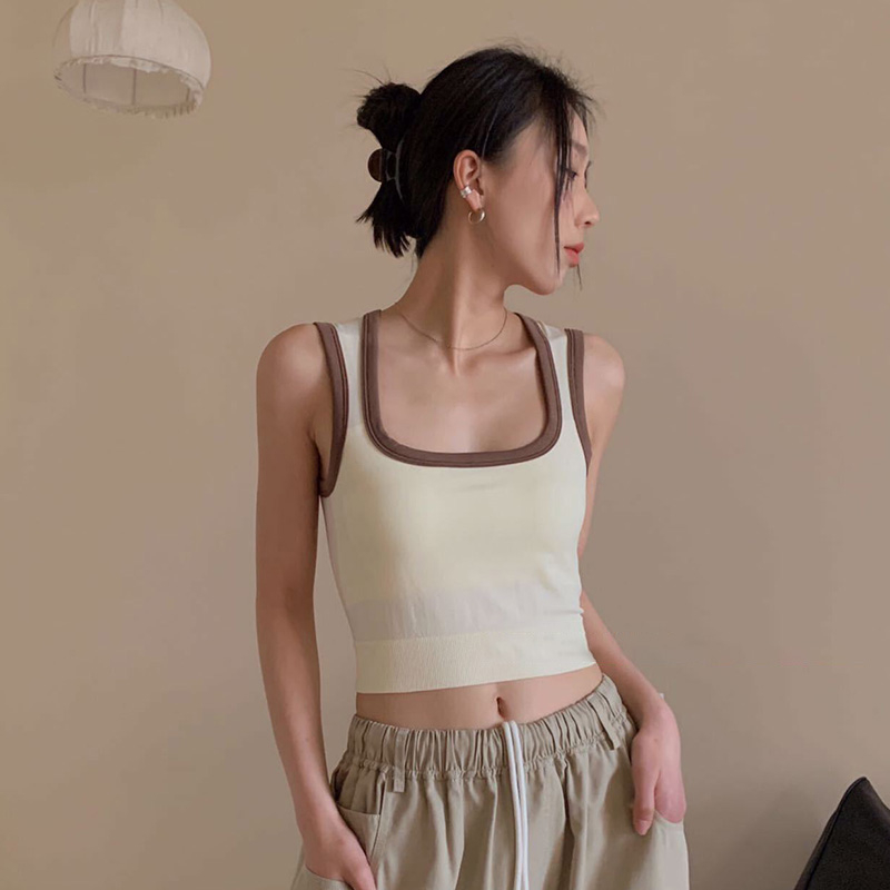 Áo Croptop Thể Thao Hai Dây Cổ Vuông Có Đệm Ngực Màu Sắc Tương Phản Phong Cách Mỹ Cho Nữ