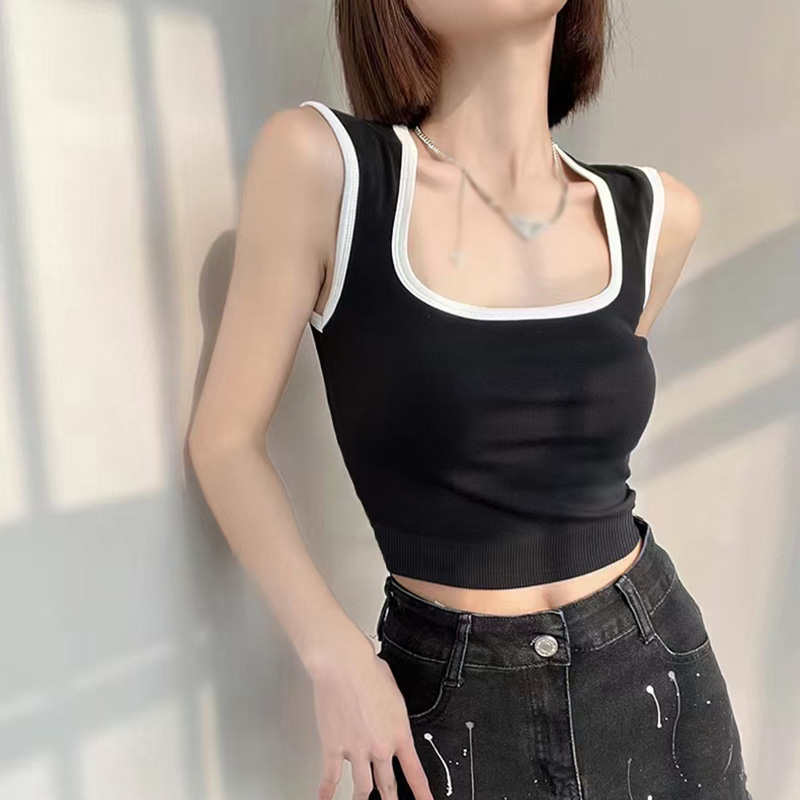 Áo Croptop Thể Thao Hai Dây Cổ Vuông Có Đệm Ngực Màu Sắc Tương Phản Phong Cách Mỹ Cho Nữ