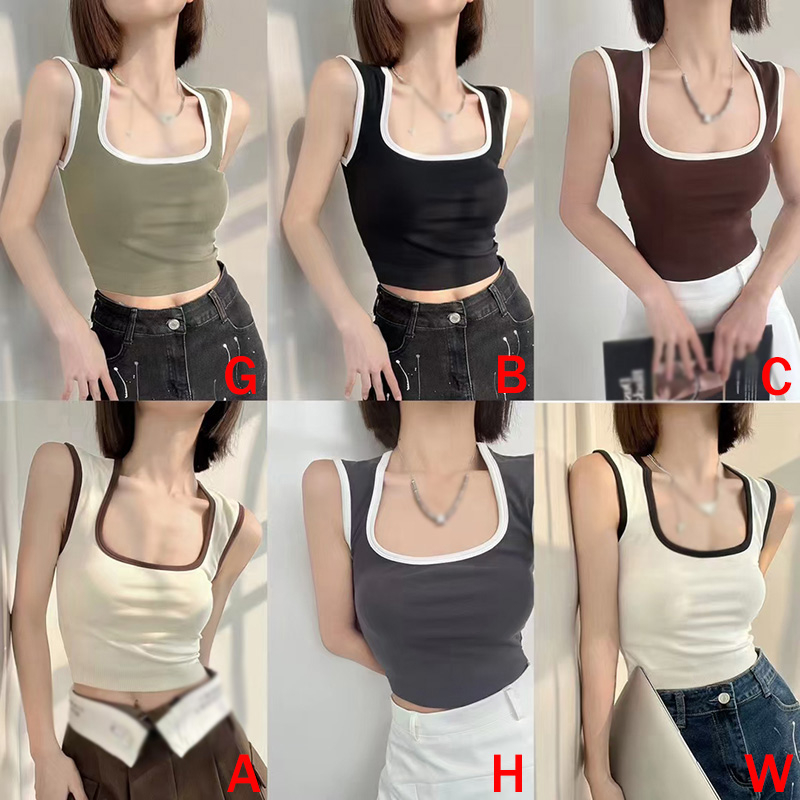 Áo Croptop Thể Thao Hai Dây Cổ Vuông Có Đệm Ngực Màu Sắc Tương Phản Phong Cách Mỹ Cho Nữ