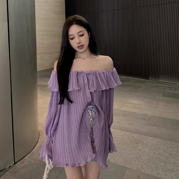 Bộ Áo Trễ Vai Mỏng Nhẹ Tay Dài Chống Nắng + Chân Váy Chữ a Đính Kim Sa Lấp Lánh Gợi Cảm Phong Cách Dịu Dàng [Đặt Hàng]