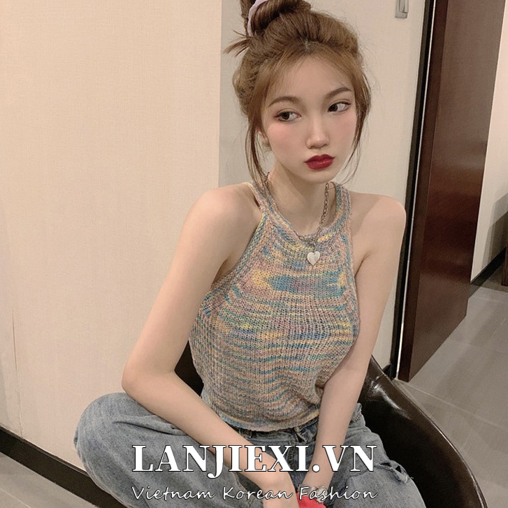 LANJIEXI Áo Dệt Kim Không Tay Cổ Tròn Hở Vai Màu Sắc Thời Trang Mùa Hè Dành Cho Nữ