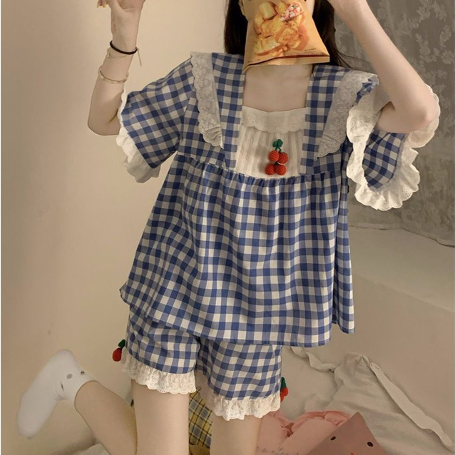 Bộ Đồ Ngủ Tay Ngắn Phối Ren Họa Tiết Cherry Dễ Thương Thời Trang Mùa Hè Cho Nữ