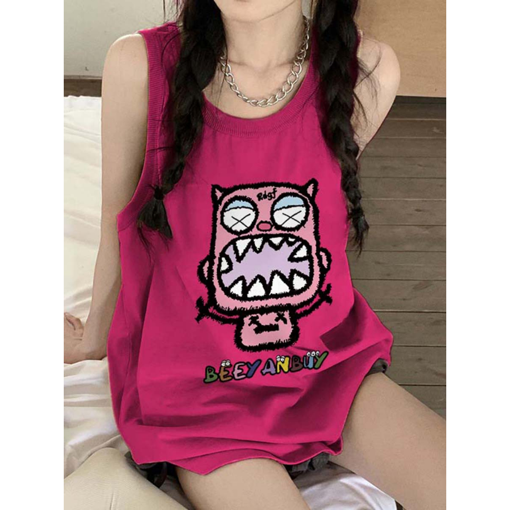 Áo tank top Không Tay Dáng Rộng In Chữ Vui Nhộn Phong Cách Hàn Quốc Cho Nữ