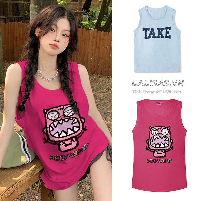 Áo tank top Không Tay Dáng Rộng In Chữ Vui Nhộn Phong Cách Hàn Quốc Cho Nữ