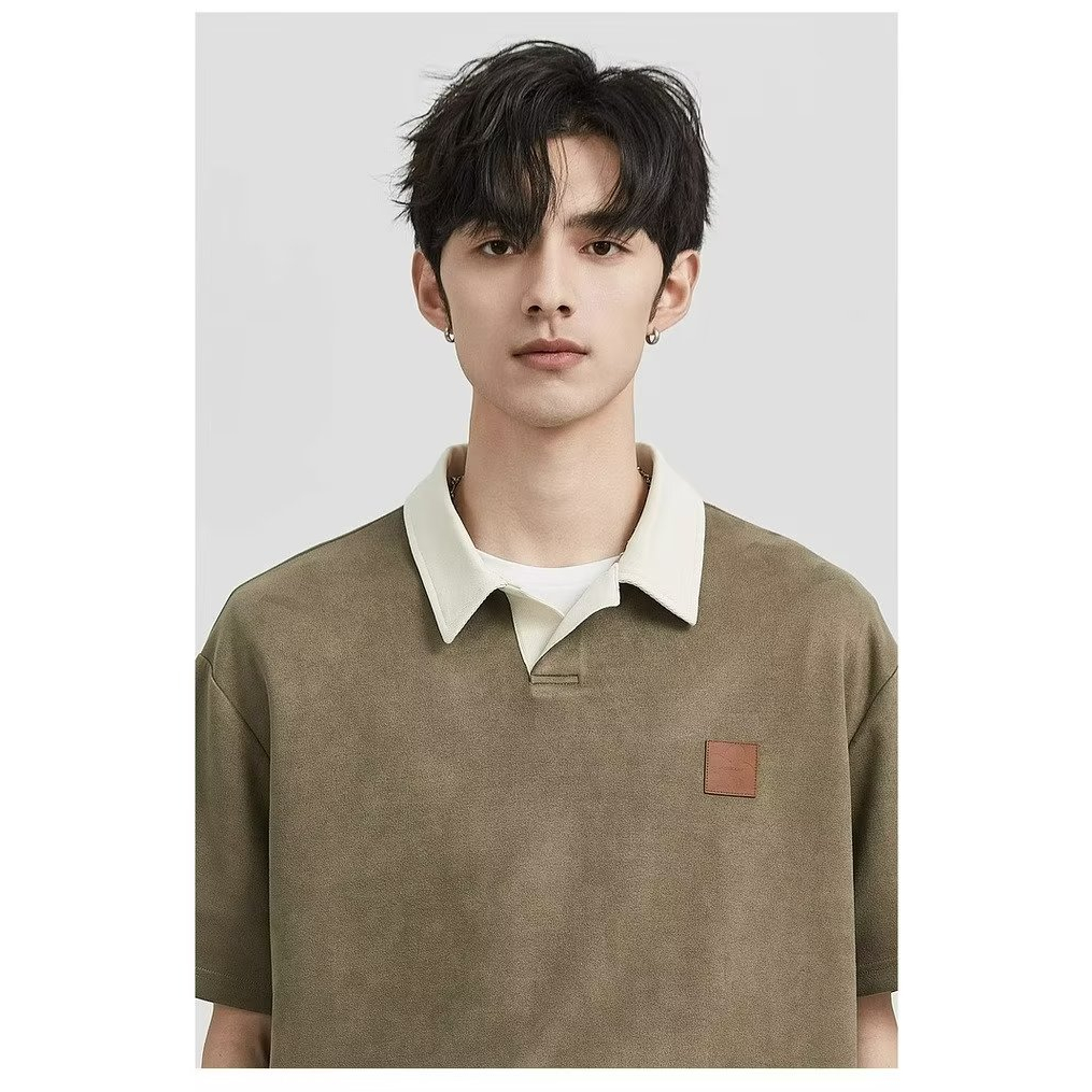 Áo Thun polo Giả Da Lộn Tay Ngắn Dáng Rộng Màu Sắc Tương Phản Cao Cấp Phong Cách Nhật Bản Cho Nam