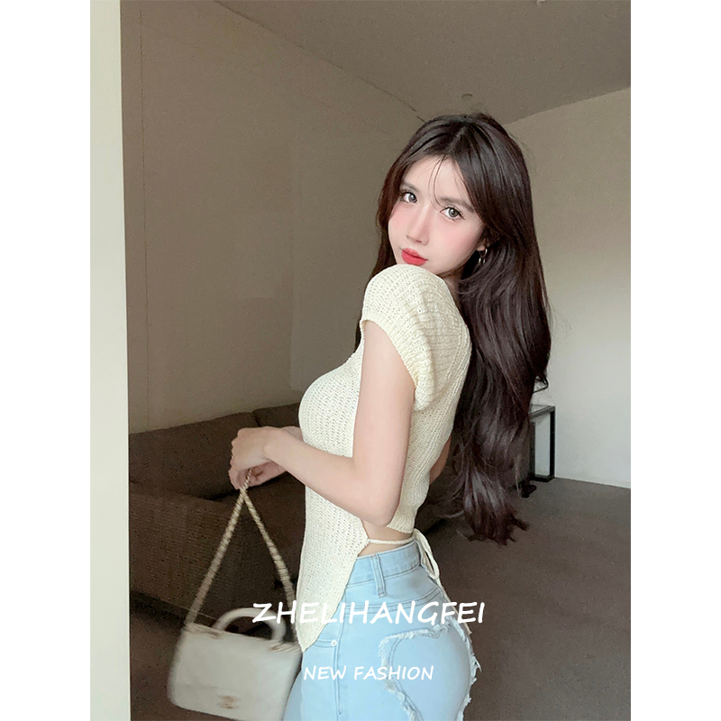 ZHELIHANGFEI Đồ dệt kim vuông cổ vuông ngắn tay cạp cao kiểu cạp rốn gợi cảm cho bé gái thiết kế trên cùng