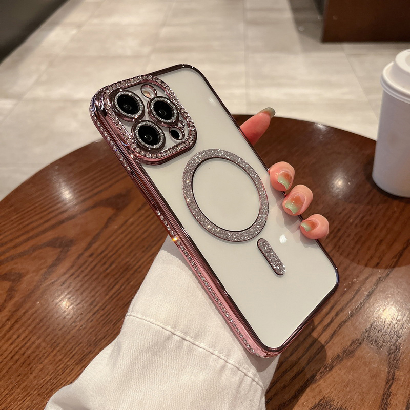 Ốp Điện Thoại Dẻo Trong Suốt Viền Kim Cương Giả Sang Trọng Kèm Sạc Không Dây Chống Sốc Cho iPhone 14 Plus 13 12 11 Pro Max